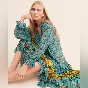 Free People feeling groovy blue green maxi dress sleeves floral size small s